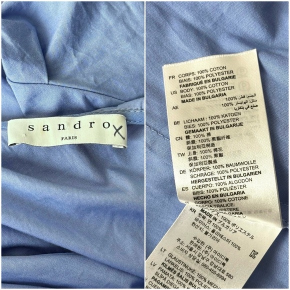 NWT SANDRO Cotton Poplin Sleeveless One Shoulder Ruffle Trim Faux Wrap‎ Dress L - Picture 9 of 9